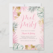 Rosa & Gold Tropical Blätter Geburtstag Pool Party Einladung (Vorderseite)