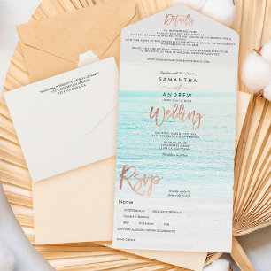 Rosa-Gold-Typografie Strandfoto Hochzeit All In One Einladung