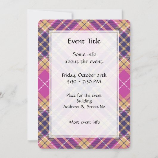 Rosa, Gold und Blauer Tartan Einladung (Rückseite)