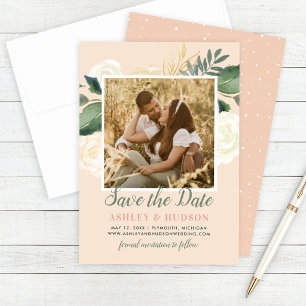 Rosa-Gold- und grüne florale Hochzeitsfotografie Save The Date