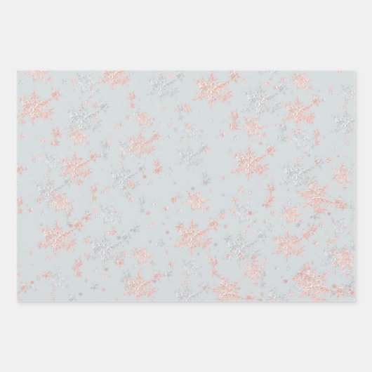 Rosa Gold und Silberschneeflocken in Grautönen Geschenkpapier Set (Vorderseite)