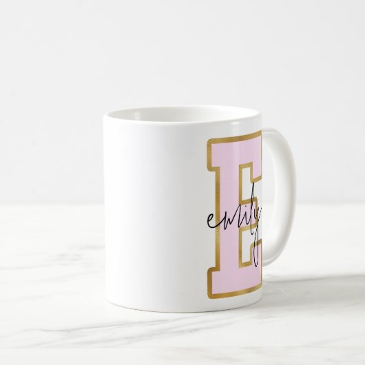 Rosa Gold Uni Varsity Letter Monogram E Kaffeetasse (VorderseiteRechts)