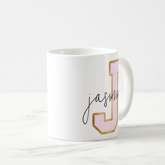 Rosa Gold Uni Varsity Letter Monogram J Kaffeetasse (VorderseiteRechts)