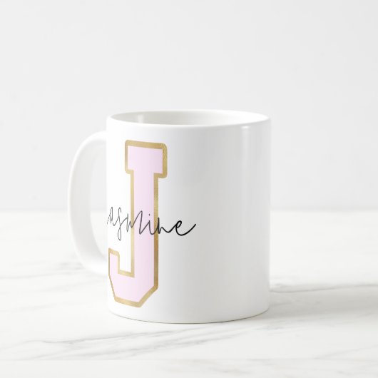 Rosa Gold Uni Varsity Letter Monogram J Kaffeetasse (Vorderseite Links)
