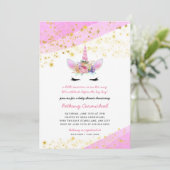 Rosa Gold Unicorn Kinderdusche Einladung (Stehend Vorderseite)