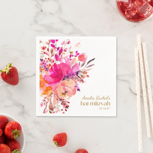 Rosa Gold Wasserfarben Flora Elegantes Bat Mitzvah Serviette (Beispiel)