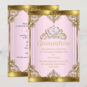 Rosa Gold Weiße Perle Prinzessin Quinceanera 2 Einladung