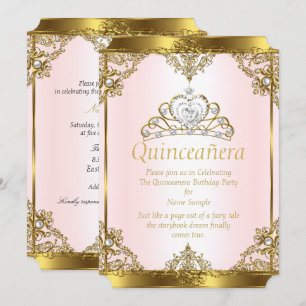 Rosa Gold Weiße Perle Prinzessin Quinceanera Einladung