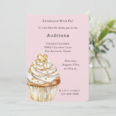 Rosa Gold Weißes Creme Herz Cupcake Geburtstag Einladung (Stehend Vorderseite)