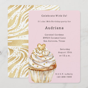Rosa Gold Weißes Creme Herz Cupcake Geburtstag Einladung