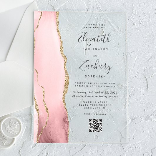 Rosa Goldachat QR-Code Hochzeit Acryleinladungen
