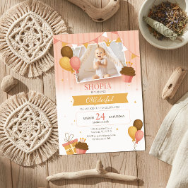 Rosa Goldballons 1. Geburtstag Foto Einladung