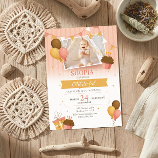 Rosa Goldballons 1. Geburtstag Foto Einladung