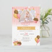 Rosa Goldballons 1. Geburtstag Foto Einladung (Stehend Vorderseite)