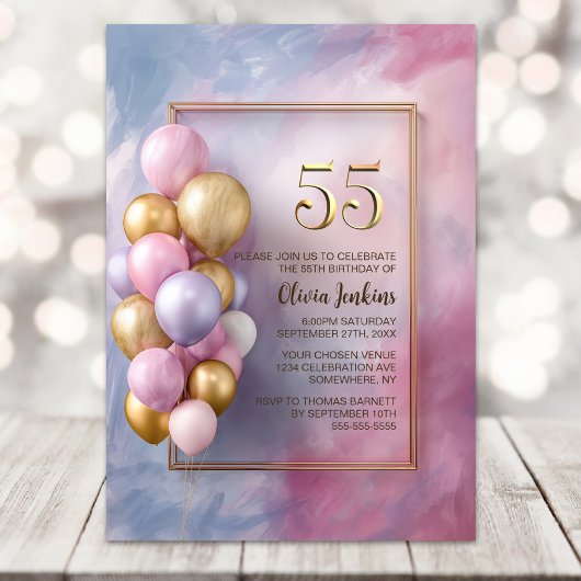 Rosa Goldballons 55. Geburtstagsfeier Einladung