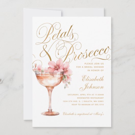 Rosa Goldblättrige Petalen und Prosecco-Brautparty Einladung (Vorderseite)