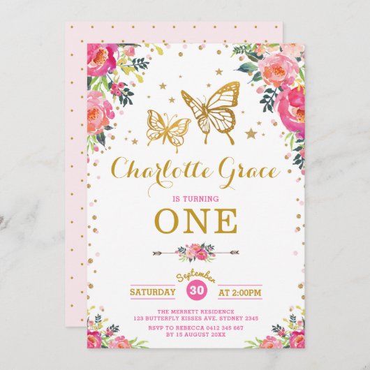 Rosa Goldbutt Wasserfarbe Blumenbeere Geburtstag Einladung (Vorne/Hinten)