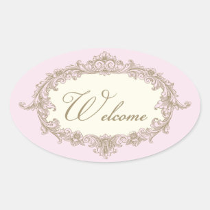 Rosa Goldcreme Vintage Hochzeit Willkommen Ovaler Aufkleber