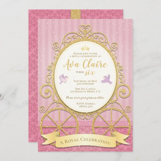 Rosa Golddrucker| Aschenputtel| Königlicher Geburt Einladung (Vorne/Hinten)