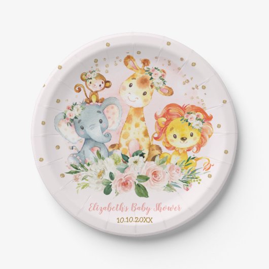 Rosa Golddschungel-Tier-Safari-BlumenBaby Pappteller (Vorderseite)