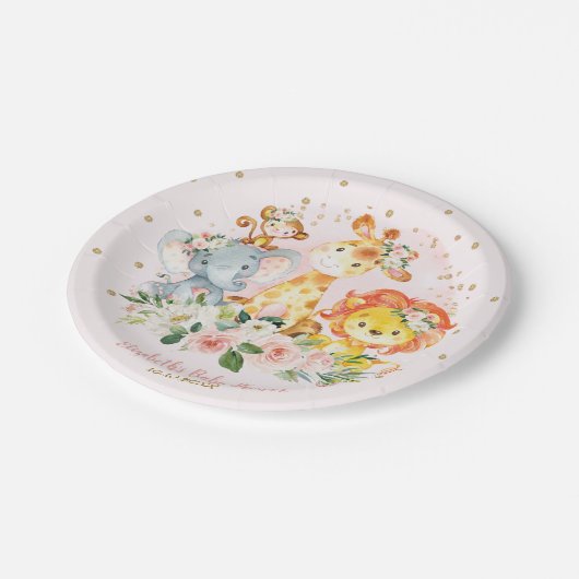 Rosa Golddschungel-Tier-Safari-BlumenBaby Pappteller (Schrägansicht)