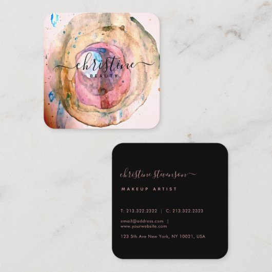 Rosa Golden Watercolor Geode Script Quadratische Visitenkarte (Vorne/Hinten)