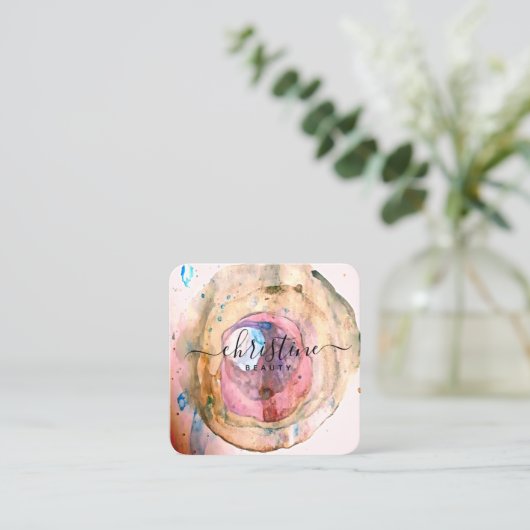 Rosa Golden Watercolor Geode Script Quadratische Visitenkarte (Stehend Vorderseite)