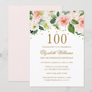 Rosa goldene Aquarellblume 100. Geburtstag Einladung