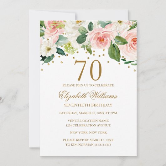 Rosa goldene Aquarellblume 70. Geburtstag Einladung (Vorderseite)