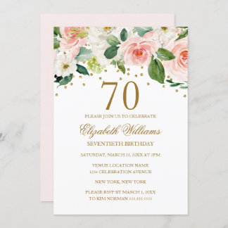 Rosa goldene Aquarellblume 70. Geburtstag Einladung