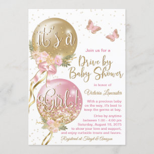 Rosa Goldene Ballons Schmetterling Covid Babyparty Einladung