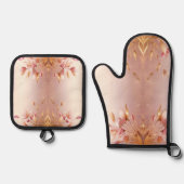 Rosa goldene Blätter Blumenofen Mitt & Töpfchen Ofenhandschuh & Topflappen-Set (Vorderseite)