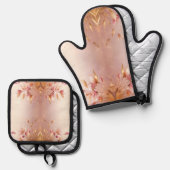 Rosa goldene Blätter Blumenofen Mitt & Töpfchen Ofenhandschuh & Topflappen-Set (Vorderseite/Rückseite)