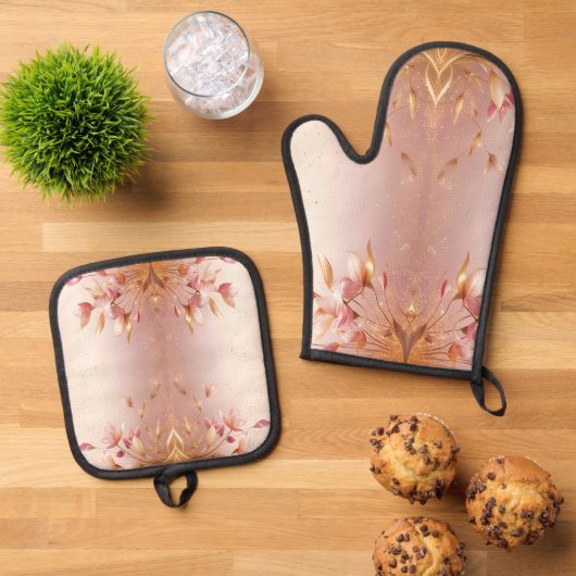 Rosa goldene Blätter Blumenofen Mitt & Töpfchen Ofenhandschuh & Topflappen-Set (Oben Unten)