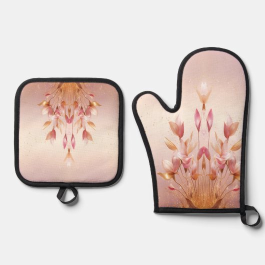 Rosa goldene Blätter Blumenofen Mitt & Töpfchen Ofenhandschuh & Topflappen-Set (Vorderseite)