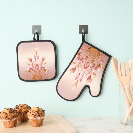 Rosa goldene Blätter Blumenofen Mitt & Töpfchen Ofenhandschuh & Topflappen-Set (Insitu (Hängend))