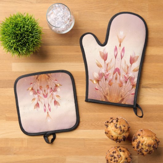 Rosa goldene Blätter Blumenofen Mitt & Töpfchen Ofenhandschuh & Topflappen-Set (Oben Unten)