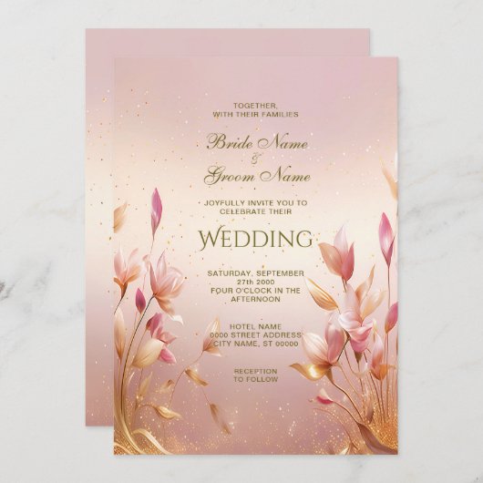 Rosa goldene Blätter Blumenzwiebeleinladung Einladung (Vorne/Hinten)