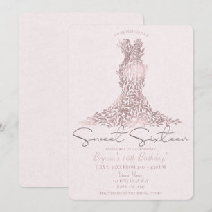 Rosa Goldene Blätter Glamourkleid Süße 16 Party Einladung