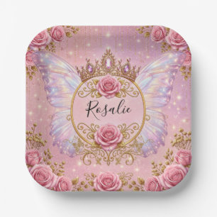 Rosa & Goldene Blumen-Fee-Prinzessin Rosen Schmett Pappteller