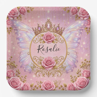 Rosa & Goldene Blumen-Fee-Prinzessin Rosen Schmett Pappteller