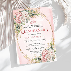 Rosa Goldene Blumen Grün Quince Einladung