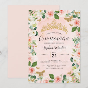 Rosa Goldene Blumen-Tiara-Schmetterling-Quinceaner Einladung