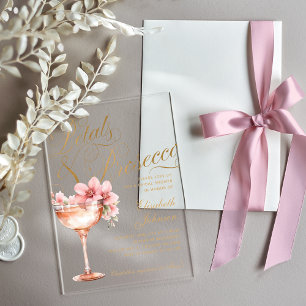 Rosa Goldene Blumenblüten & Prosecco Brautparty Acryleinladungen