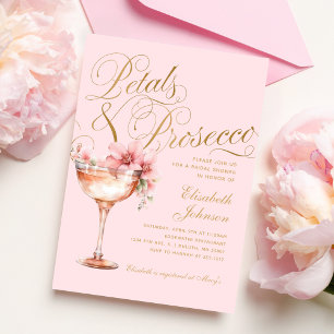 Rosa Goldene Blumenblüten und Prosecco Brautparty Einladung