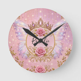 Rosa & Goldene Blumenfee Prinzessin Rosen Schmette Runde Wanduhr