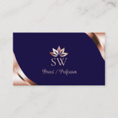 Rosa Goldene Ecken Tiefblau mit Monogramm QR-Code Visitenkarte (Vorderseite)