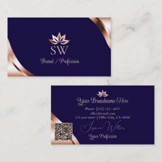 Rosa Goldene Ecken Tiefblau mit Monogramm QR-Code Visitenkarte