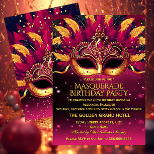 Rosa Goldene Federn Masken Masquerade Geburtstagsf Einladung