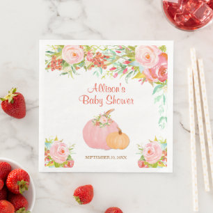 Rosa goldene florale Kürbisse Baby Shower Serviette